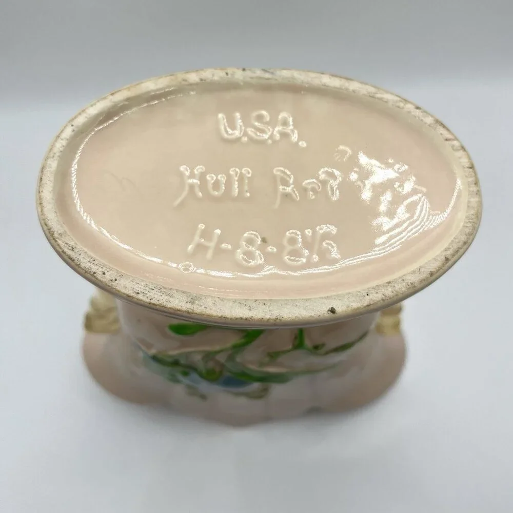 Vintage Hull Pottery Vase USA Art Baby Pink Gold Handles Blue Floral Mid Century